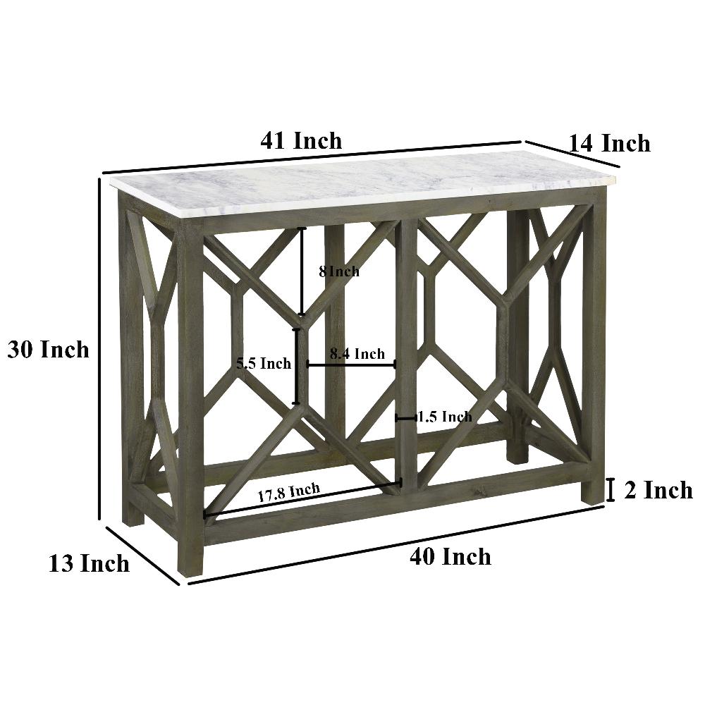 Agas Sofa Console Table, 41 Inch White Genuine Marble Top, Sandblasted Washed Ash Gray Mango Wood Geometric Frame