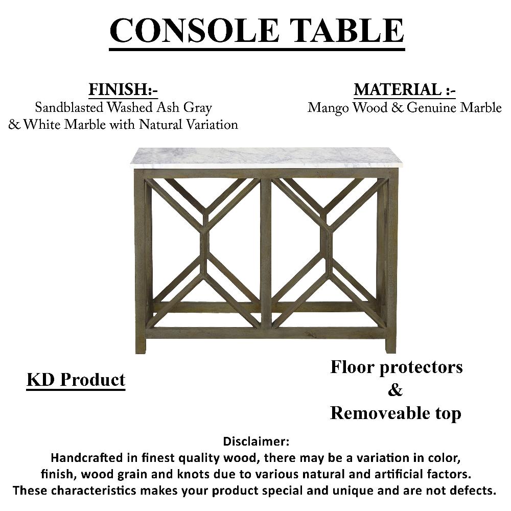 Agas Sofa Console Table, 41 Inch White Genuine Marble Top, Sandblasted Washed Ash Gray Mango Wood Geometric Frame