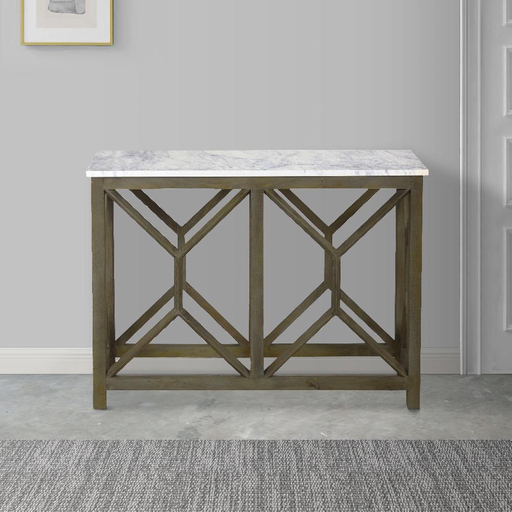 Agas Sofa Console Table, 41 Inch White Genuine Marble Top, Sandblasted Washed Ash Gray Mango Wood Geometric Frame