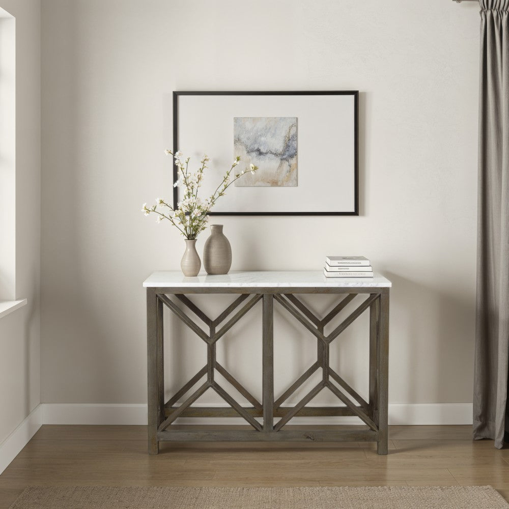 Agas Sofa Console Table, 41 Inch White Genuine Marble Top, Sandblasted Washed Ash Gray Mango Wood Geometric Frame