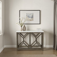 Agas Sofa Console Table, 41 Inch White Genuine Marble Top, Sandblasted Washed Ash Gray Mango Wood Geometric Frame