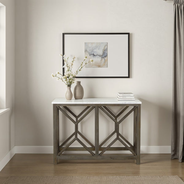 Agas Sofa Console Table, 41 Inch White Genuine Marble Top, Sandblasted Washed Ash Gray Mango Wood Geometric Frame