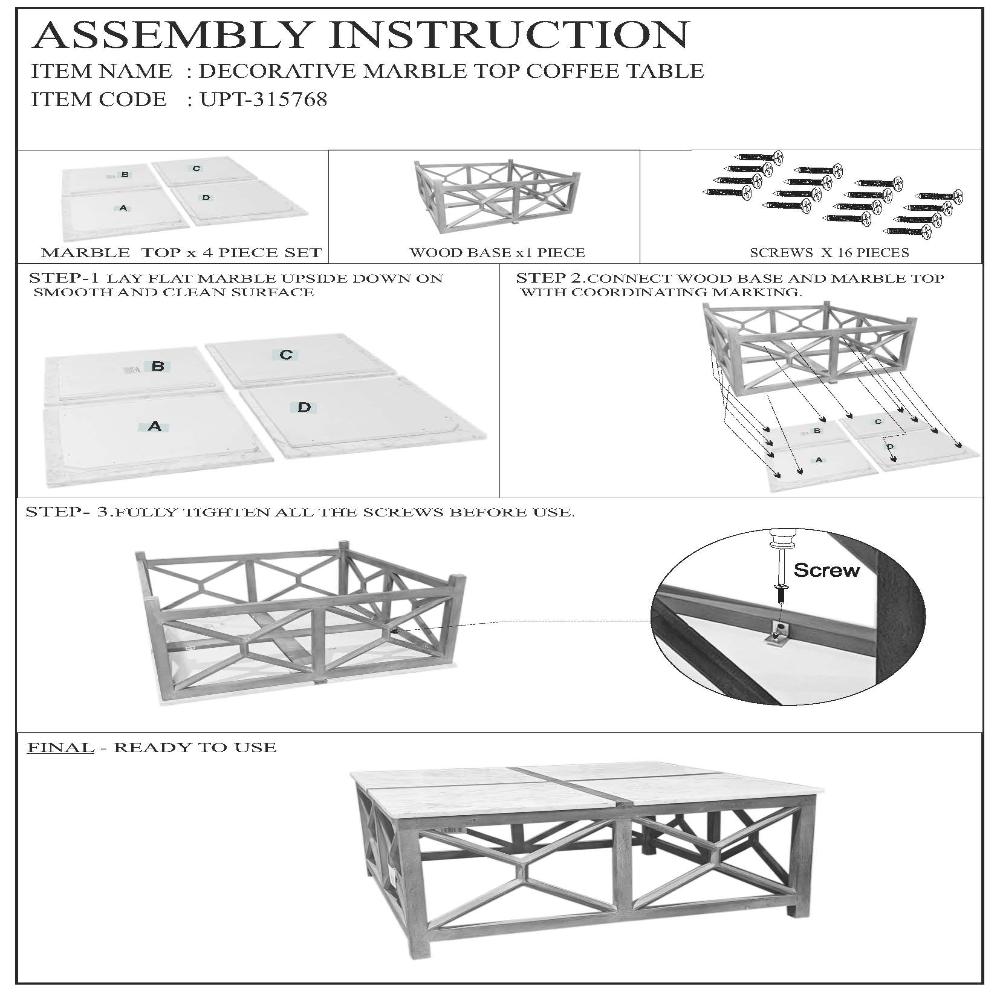 Agas Coffee Table, 40 Inch Square White Genuine Marble Top, Sandblasted Washed Ash Gray Mango Wood Geometric Frame