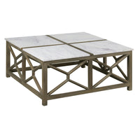 Agas Coffee Table, 40 Inch Square White Genuine Marble Top, Sandblasted Washed Ash Gray Mango Wood Geometric Frame