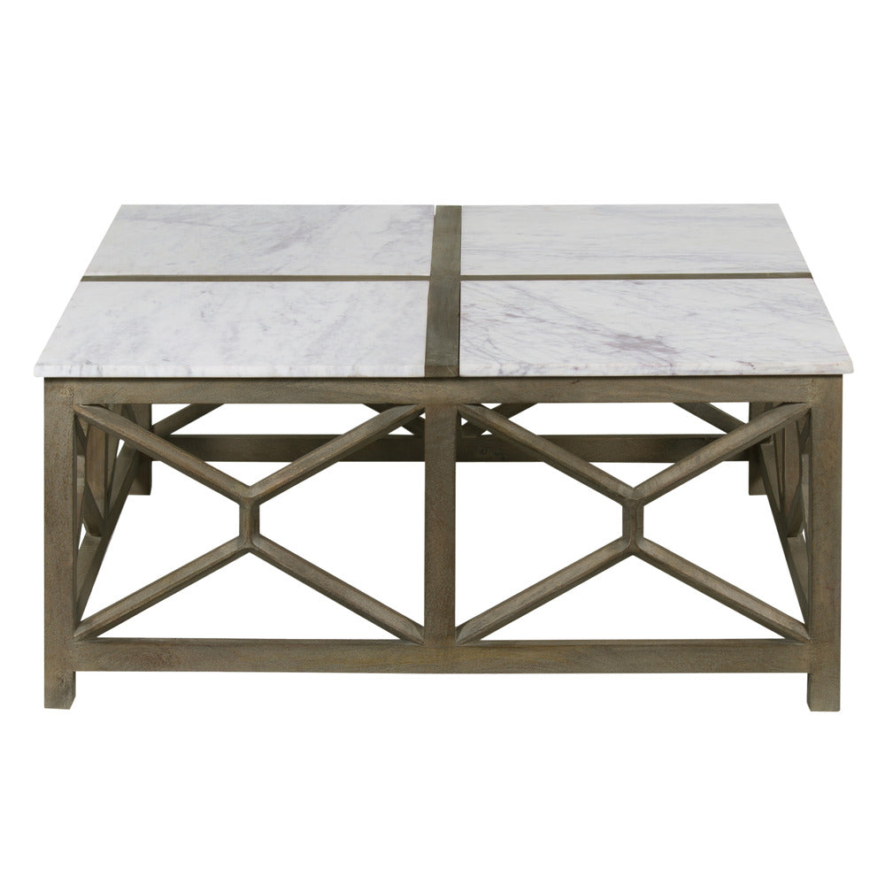 Agas Coffee Table, 40 Inch Square White Genuine Marble Top, Sandblasted Washed Ash Gray Mango Wood Geometric Frame