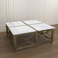 Agas Coffee Table, 40 Inch Square White Genuine Marble Top, Sandblasted Washed Ash Gray Mango Wood Geometric Frame