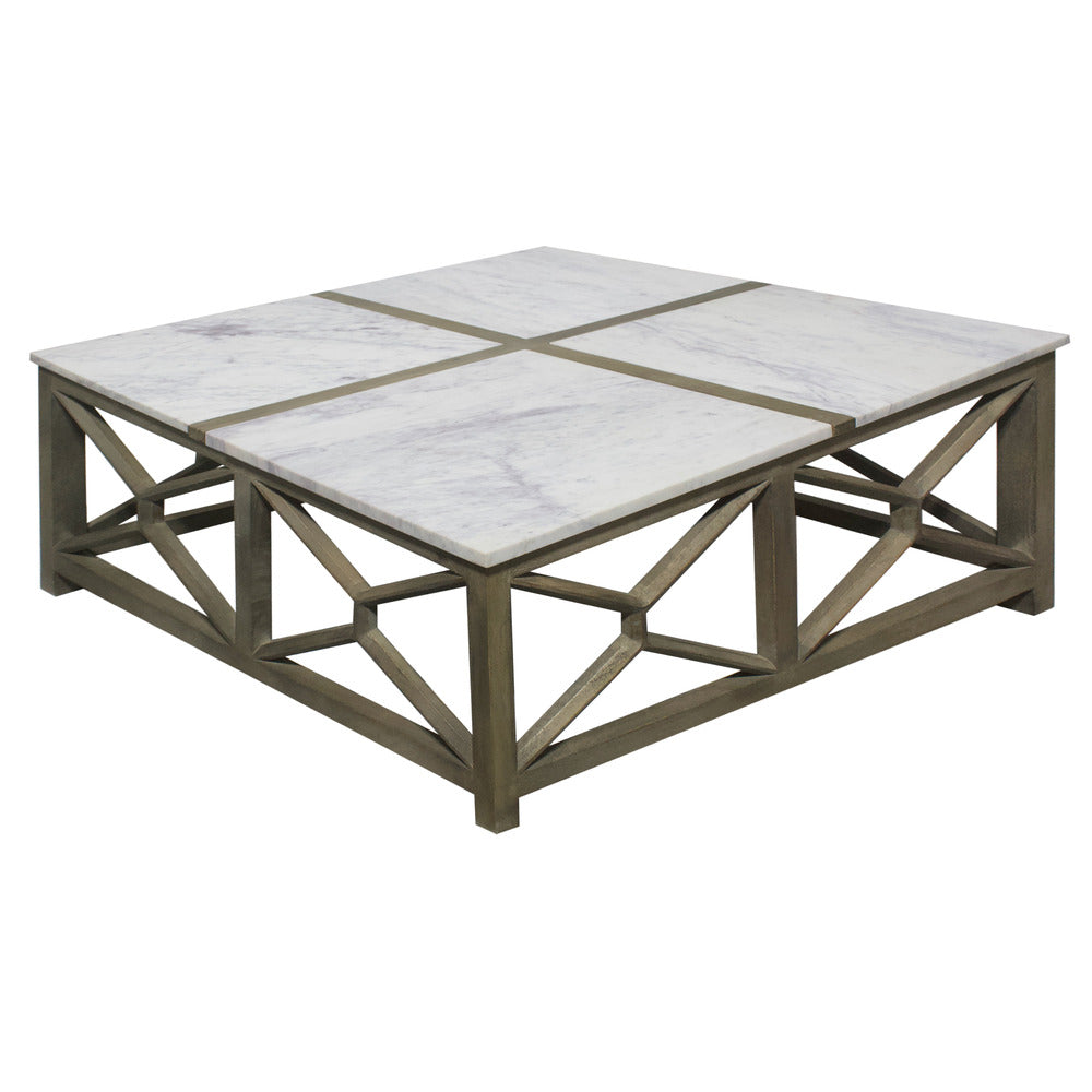 Agas Coffee Table, 40 Inch Square White Genuine Marble Top, Sandblasted Washed Ash Gray Mango Wood Geometric Frame