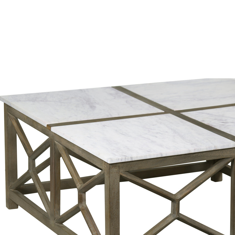 Agas Coffee Table, 40 Inch Square White Genuine Marble Top, Sandblasted Washed Ash Gray Mango Wood Geometric Frame