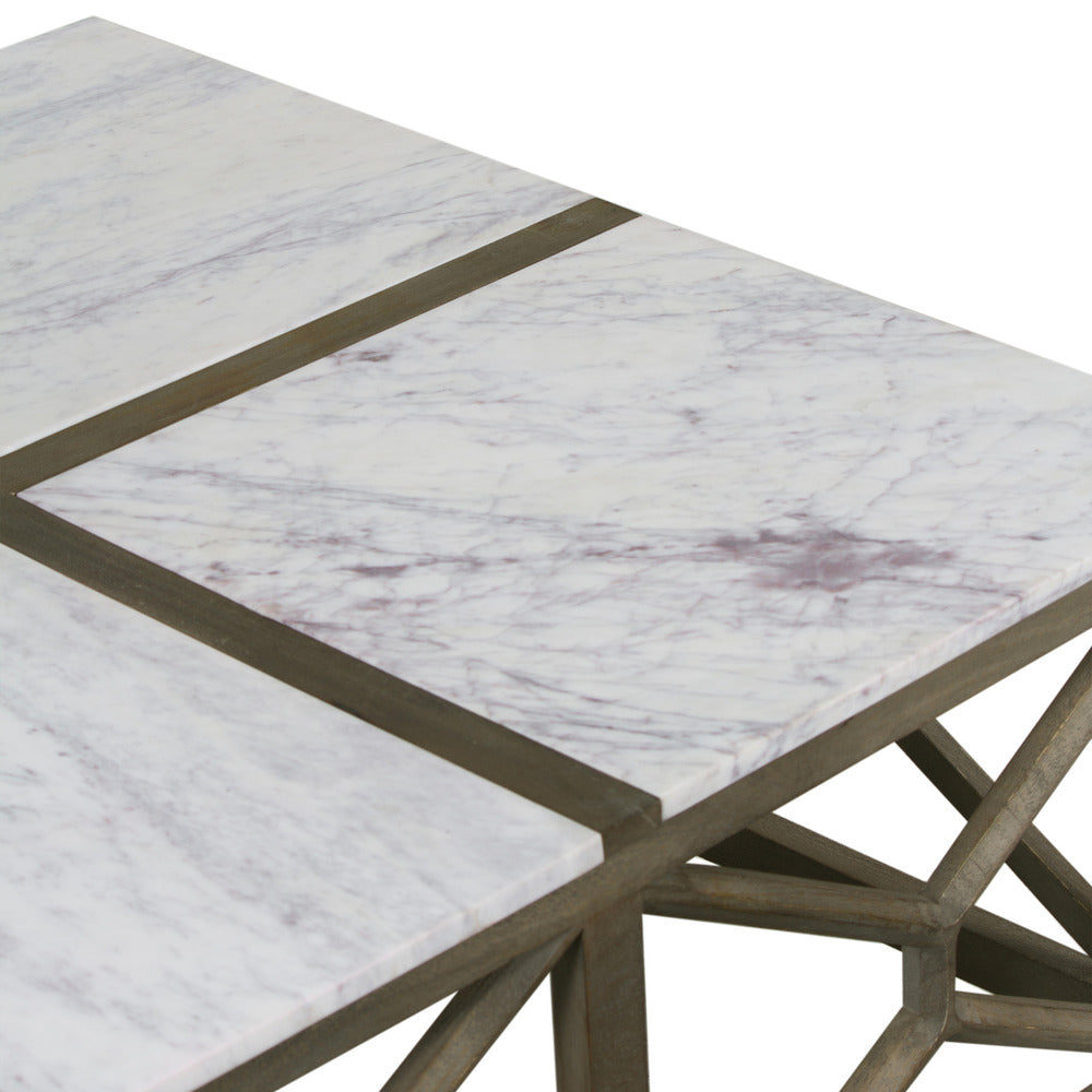 Agas Coffee Table, 40 Inch Square White Genuine Marble Top, Sandblasted Washed Ash Gray Mango Wood Geometric Frame