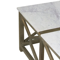 Agas Coffee Table, 40 Inch Square White Genuine Marble Top, Sandblasted Washed Ash Gray Mango Wood Geometric Frame