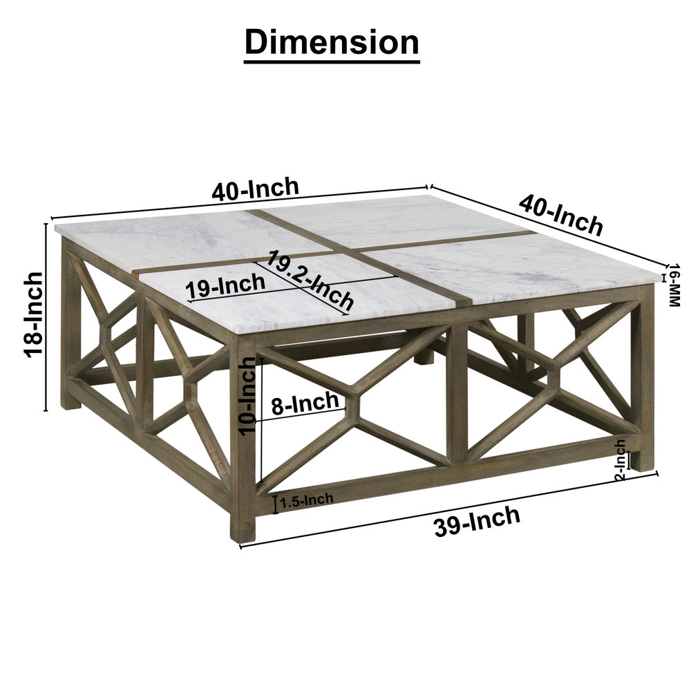 Agas Coffee Table, 40 Inch Square White Genuine Marble Top, Sandblasted Washed Ash Gray Mango Wood Geometric Frame