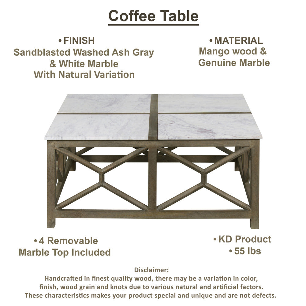 Agas Coffee Table, 40 Inch Square White Genuine Marble Top, Sandblasted Washed Ash Gray Mango Wood Geometric Frame