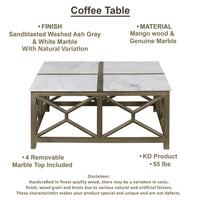 Agas Coffee Table, 40 Inch Square White Genuine Marble Top, Sandblasted Washed Ash Gray Mango Wood Geometric Frame