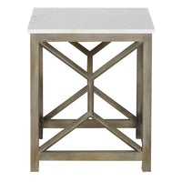 Agas Side End Table, 22 Inch Square White Genuine Marble Top, Sandblasted Washed Ash Gray Mango Wood Geometric Frame The Urban Port UPT-315769 | Benzara.com