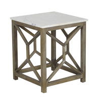 Agas Side End Table, 22 Inch Square White Genuine Marble Top, Sandblasted Washed Ash Gray Mango Wood Geometric Frame The Urban Port UPT-315769 | Benzara.com