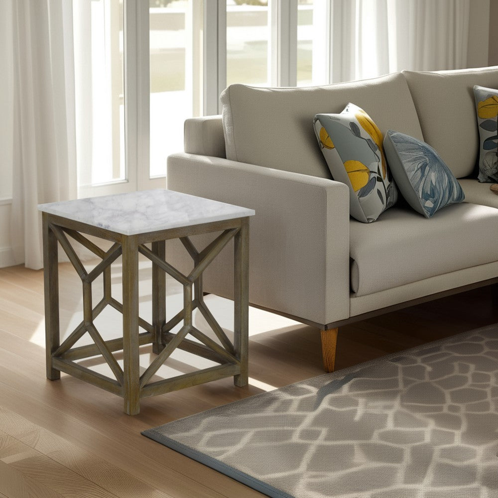 Agas Side End Table, 22 Inch Square White Genuine Marble Top, Sandblasted Washed Ash Gray Mango Wood Geometric Frame The Urban Port UPT-315769 | Benzara.com