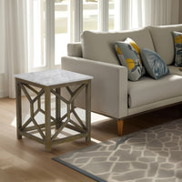 Agas Side End Table, 22 Inch Square White Genuine Marble Top, Sandblasted Washed Ash Gray Mango Wood Geometric Frame The Urban Port UPT-315769 | Benzara.com