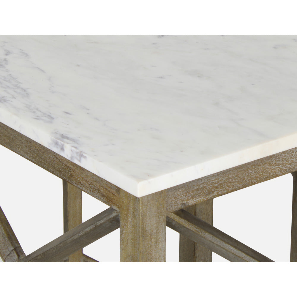 Agas Side End Table, 22 Inch Square White Genuine Marble Top, Sandblasted Washed Ash Gray Mango Wood Geometric Frame The Urban Port UPT-315769 | Benzara.com