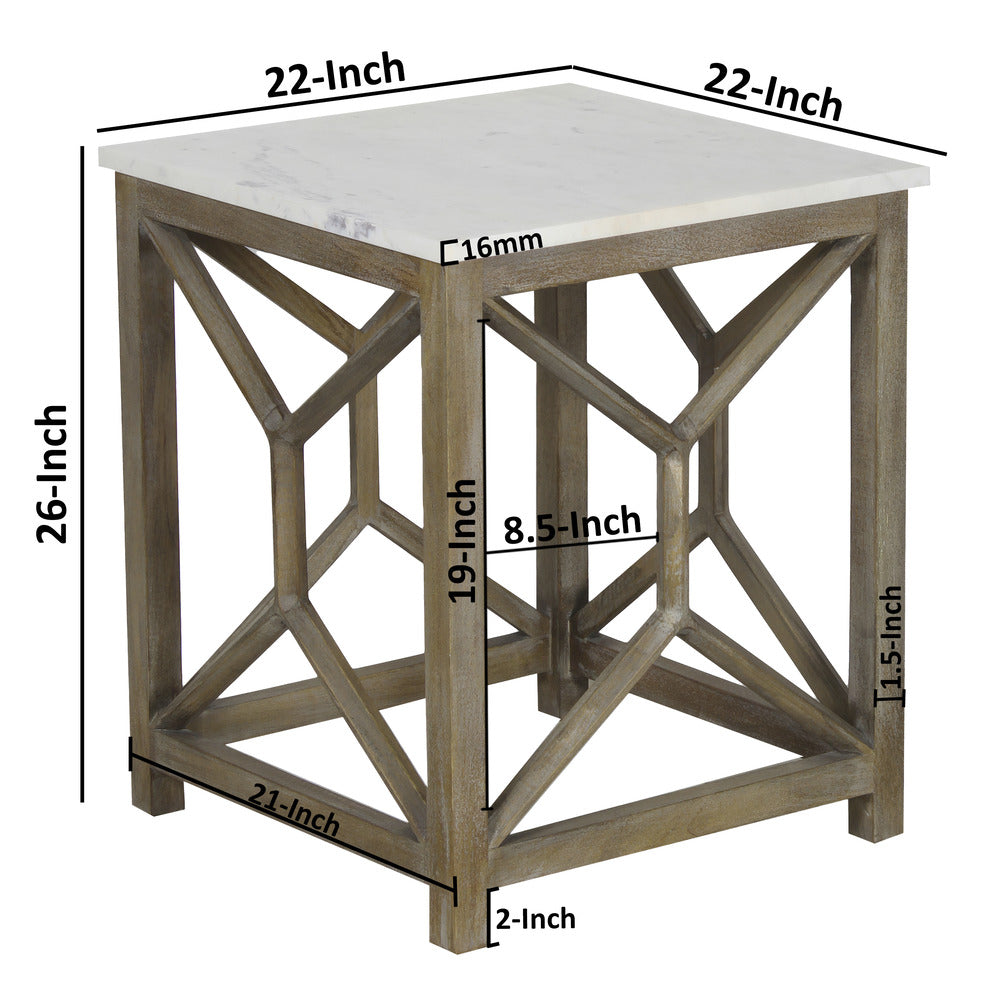 Agas Side End Table, 22 Inch Square White Genuine Marble Top, Sandblasted Washed Ash Gray Mango Wood Geometric Frame The Urban Port UPT-315769 | Benzara.com