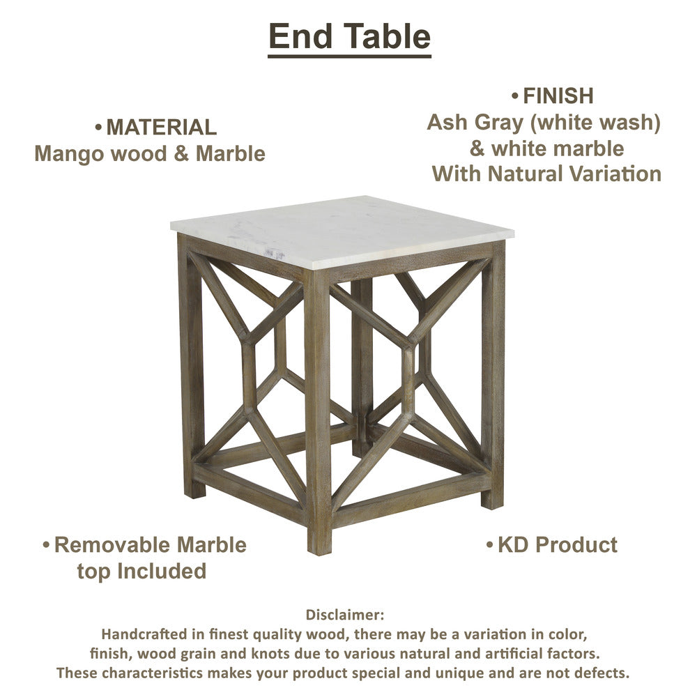 Agas Side End Table, 22 Inch Square White Genuine Marble Top, Sandblasted Washed Ash Gray Mango Wood Geometric Frame The Urban Port UPT-315769 | Benzara.com