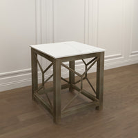 Agas Side End Table, 22 Inch Square White Genuine Marble Top, Sandblasted Washed Ash Gray Mango Wood Geometric Frame The Urban Port UPT-315769 | Benzara.com