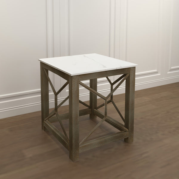 Agas Side End Table, 22 Inch Square White Genuine Marble Top, Sandblasted Washed Ash Gray Mango Wood Geometric Frame The Urban Port UPT-315769 | Benzara.com