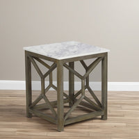Agas Side End Table, 22 Inch Square White Genuine Marble Top, Sandblasted Washed Ash Gray Mango Wood Geometric Frame The Urban Port UPT-315769 | Benzara.com