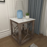 Agas Side End Table, 22 Inch Square White Genuine Marble Top, Sandblasted Washed Ash Gray Mango Wood Geometric Frame The Urban Port UPT-315769 | Benzara.com