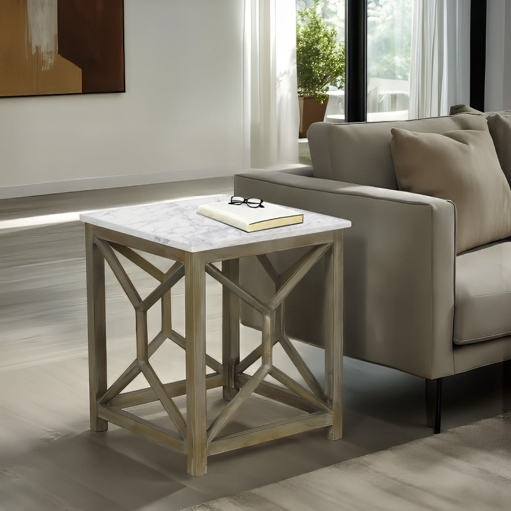 Agas Side End Table, 22 Inch Square White Genuine Marble Top, Sandblasted Washed Ash Gray Mango Wood Geometric Frame The Urban Port UPT-315769 | Benzara.com