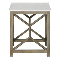 Agas Side End Table, 22 Inch Square White Genuine Marble Top, Sandblasted Washed Ash Gray Mango Wood Geometric Frame The Urban Port UPT-315769 | Benzara.com