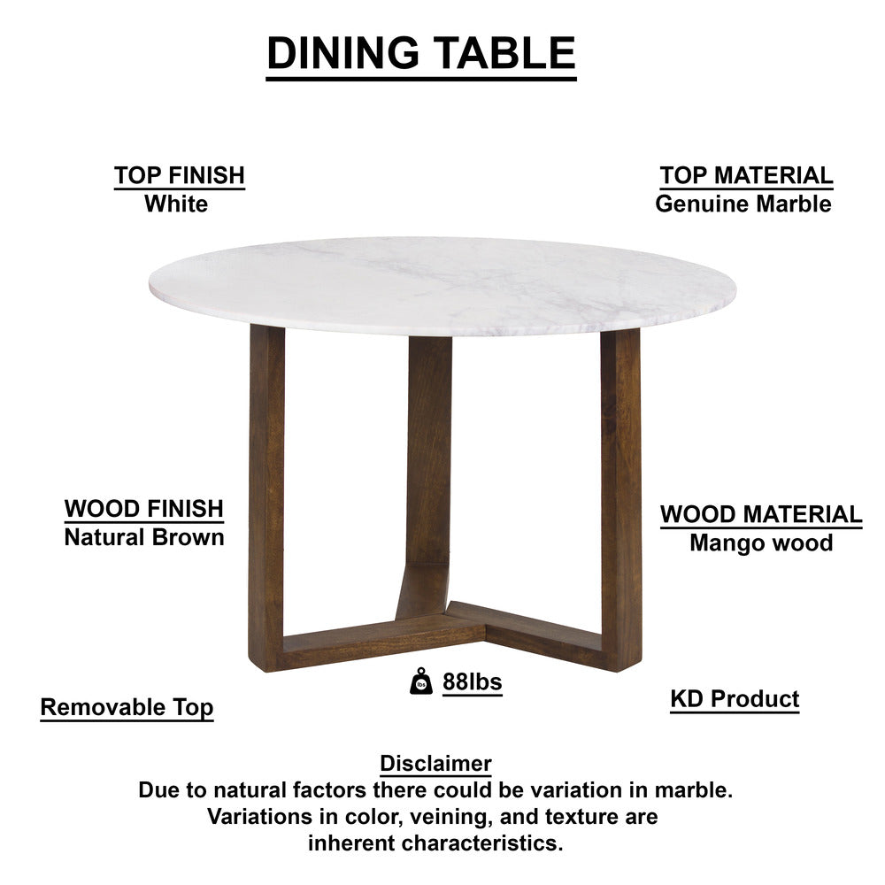 Fina Dining Table, 48 Inch Round White Genuine Marble Top, Natural Brown Mango Wood 3 Leg Sled Base UPT-315770