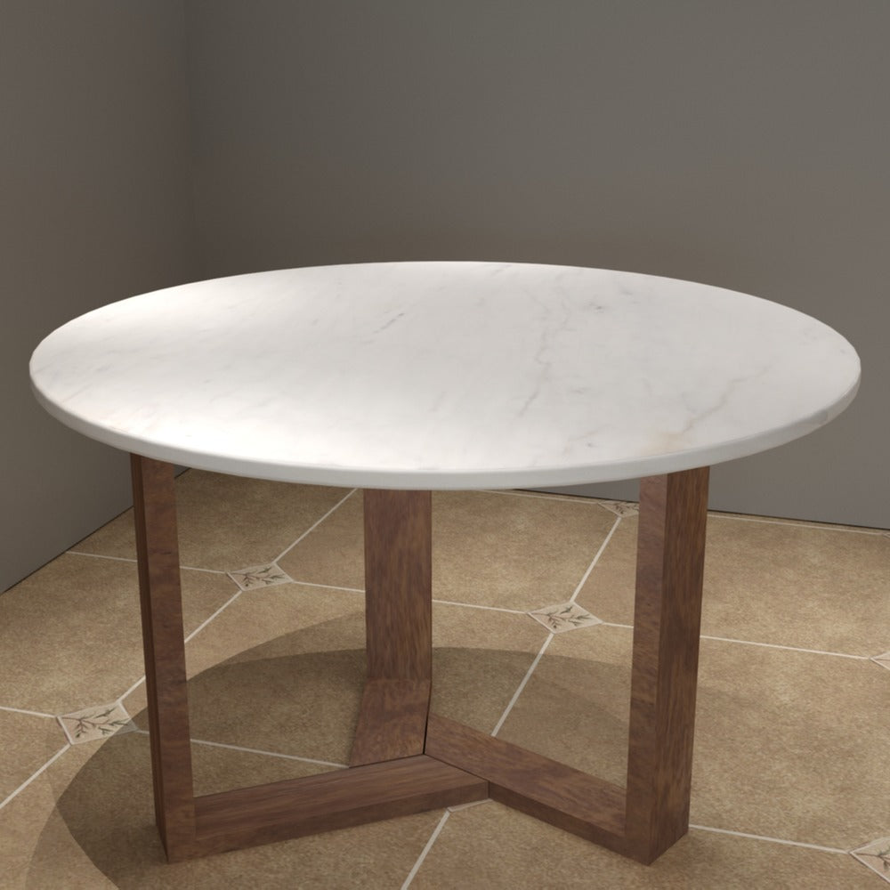 Fina Dining Table, 48 Inch Round White Genuine Marble Top, Natural Brown Mango Wood 3 Leg Sled Base UPT-315770