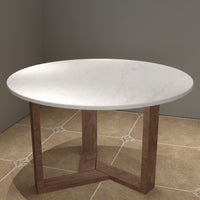 Fina Dining Table, 48 Inch Round White Genuine Marble Top, Natural Brown Mango Wood 3 Leg Sled Base UPT-315770