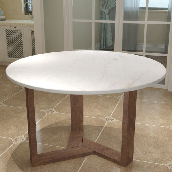 Fina Dining Table, 48 Inch Round White Genuine Marble Top, Natural Brown Mango Wood 3 Leg Sled Base UPT-315770