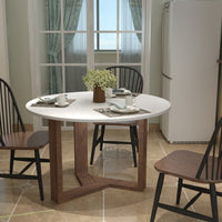 Fina Dining Table, 48 Inch Round White Genuine Marble Top, Natural Brown Mango Wood 3 Leg Sled Base UPT-315770