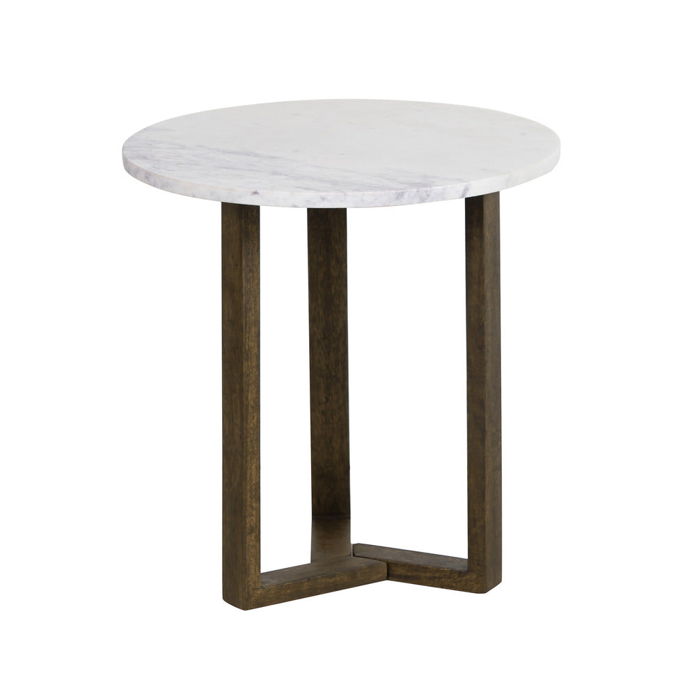 Fina Side End Table, 20 Inch Round White Genuine Marble Top, Natural Brown Mango Wood 3 Leg Sled Base UPT-315771