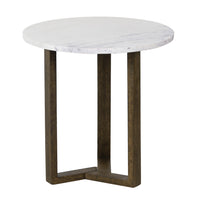 Fina Side End Table, 20 Inch Round White Genuine Marble Top, Natural Brown Mango Wood 3 Leg Sled Base UPT-315771