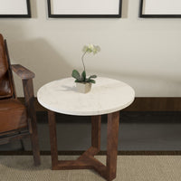 Fina Side End Table, 20 Inch Round White Genuine Marble Top, Natural Brown Mango Wood 3 Leg Sled Base UPT-315771