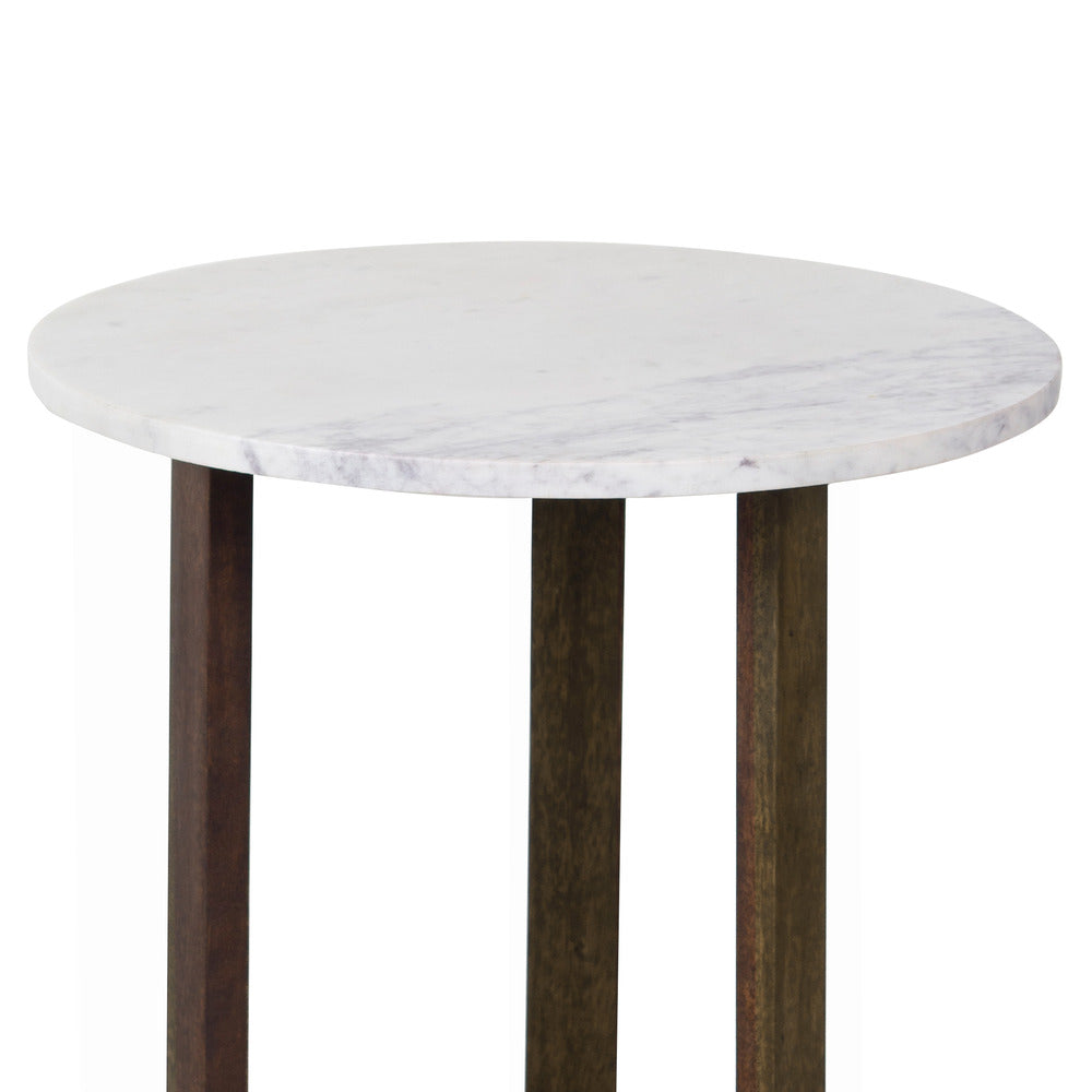 Fina Side End Table, 20 Inch Round White Genuine Marble Top, Natural Brown Mango Wood 3 Leg Sled Base UPT-315771