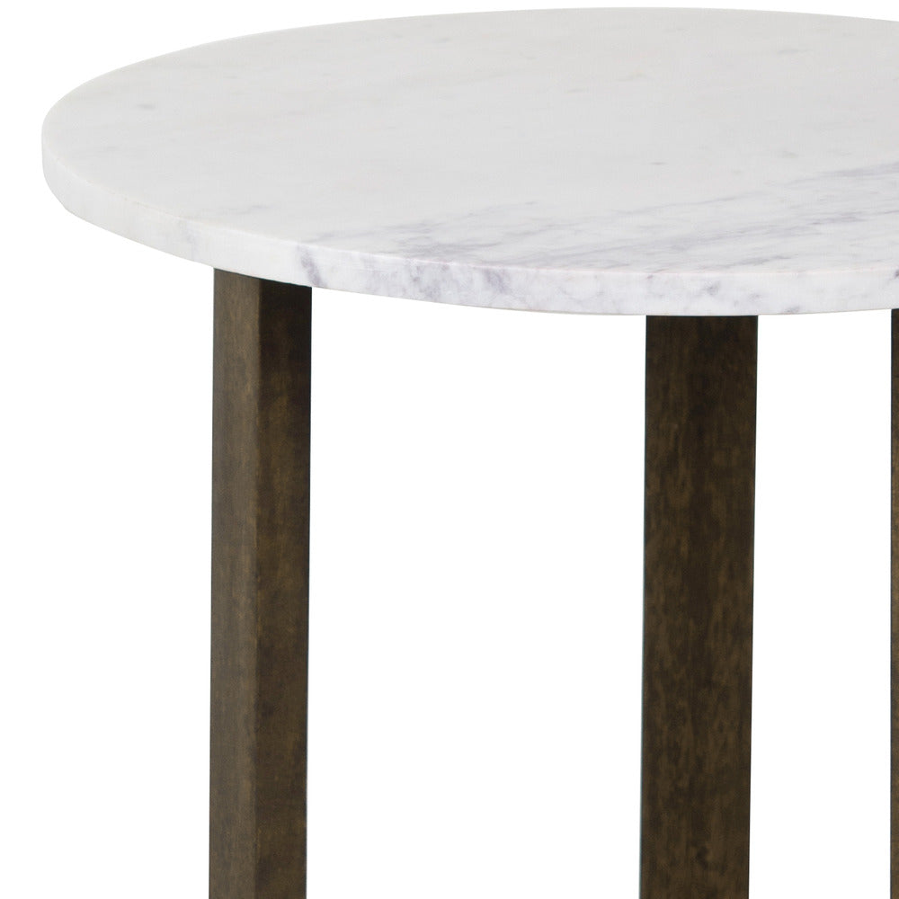 Fina Side End Table, 20 Inch Round White Genuine Marble Top, Natural Brown Mango Wood 3 Leg Sled Base UPT-315771