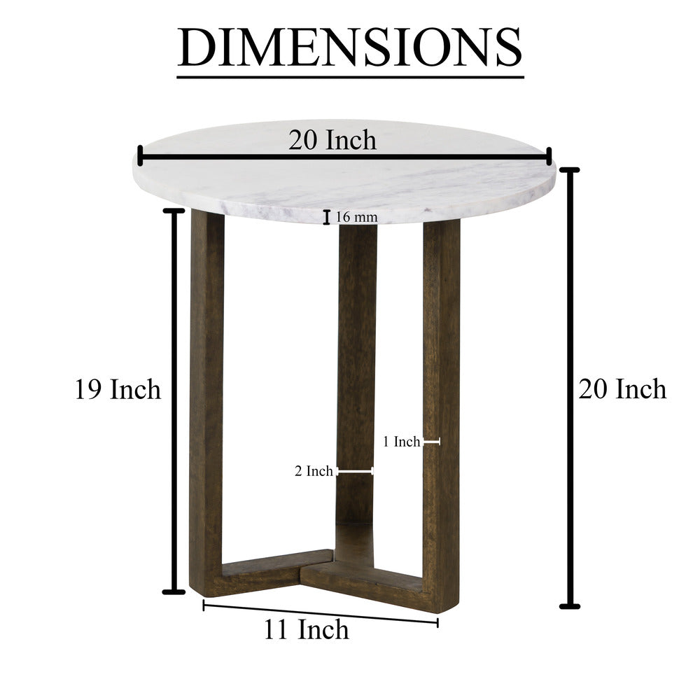 Fina Side End Table, 20 Inch Round White Genuine Marble Top, Natural Brown Mango Wood 3 Leg Sled Base UPT-315771