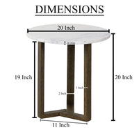 Fina Side End Table, 20 Inch Round White Genuine Marble Top, Natural Brown Mango Wood 3 Leg Sled Base UPT-315771