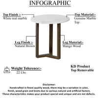 Fina Side End Table, 20 Inch Round White Genuine Marble Top, Natural Brown Mango Wood 3 Leg Sled Base UPT-315771