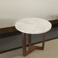 Fina Side End Table, 20 Inch Round White Genuine Marble Top, Natural Brown Mango Wood 3 Leg Sled Base UPT-315771