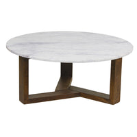 Fina Coffee Table, 38 Inch Round White Genuine Marble Top, Natural Brown Mango Wood 3 Leg Sled Base UPT-315772