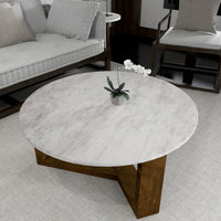 Fina Coffee Table, 38 Inch Round White Genuine Marble Top, Natural Brown Mango Wood 3 Leg Sled Base UPT-315772