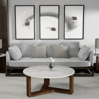 Fina Coffee Table, 38 Inch Round White Genuine Marble Top, Natural Brown Mango Wood 3 Leg Sled Base UPT-315772