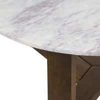 Fina Coffee Table, 38 Inch Round White Genuine Marble Top, Natural Brown Mango Wood 3 Leg Sled Base UPT-315772