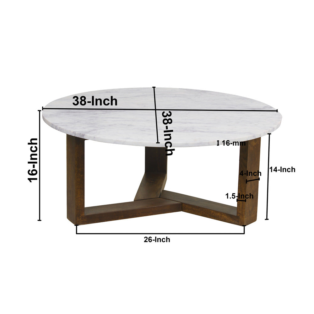 Fina Coffee Table, 38 Inch Round White Genuine Marble Top, Natural Brown Mango Wood 3 Leg Sled Base UPT-315772