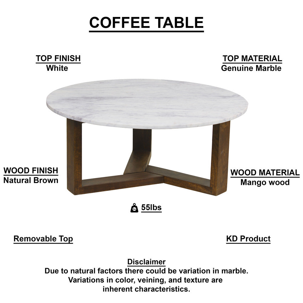 Fina Coffee Table, 38 Inch Round White Genuine Marble Top, Natural Brown Mango Wood 3 Leg Sled Base UPT-315772